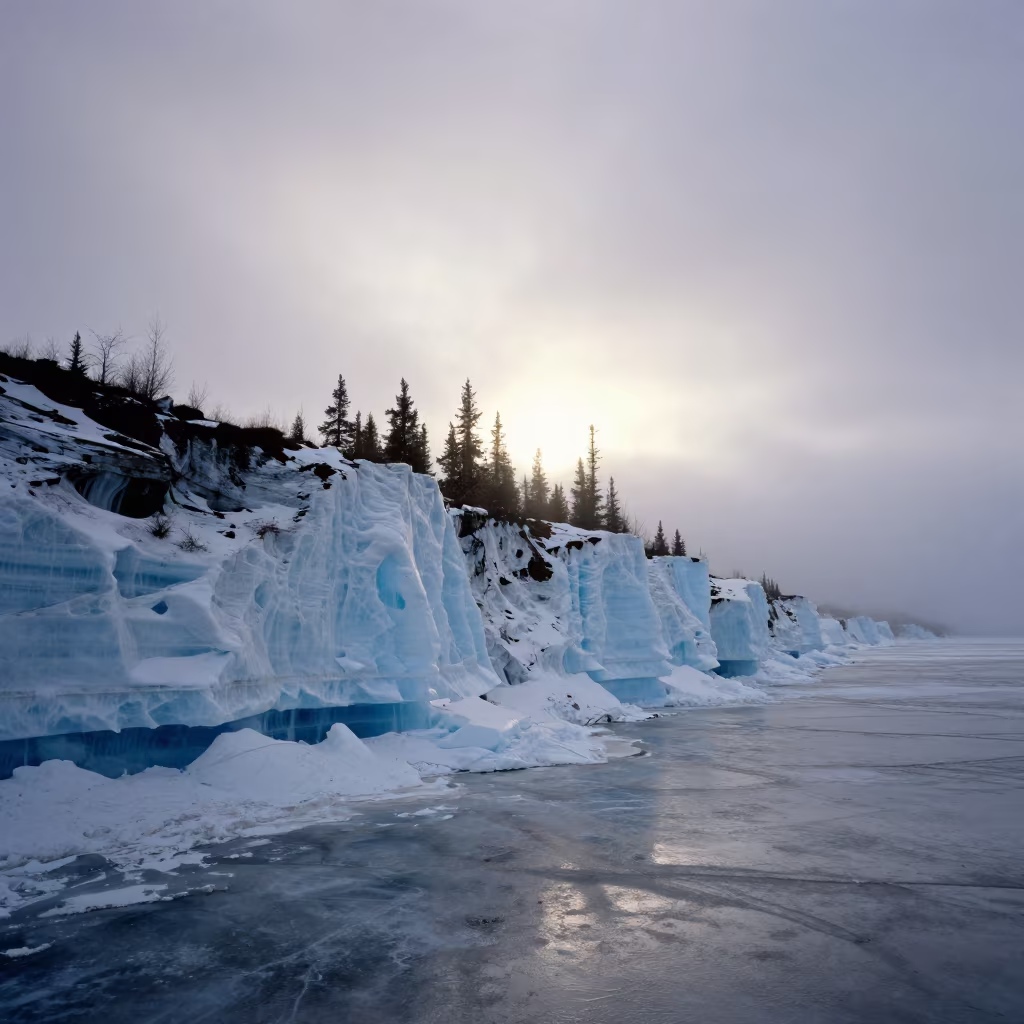 Permafrost Ice Wedge Cliff at Nautical Dawn in across a floodplain after rain in Northwest Territories
