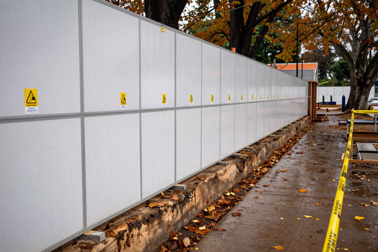 Permit Board with Revision Clouds in Curitiba Autumn in inside a taped-off excavation edge near Curitiba