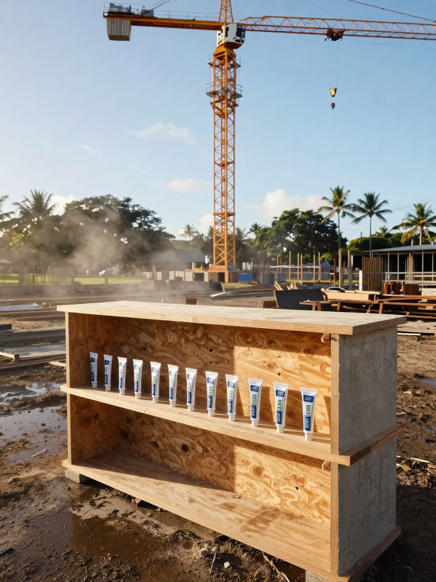Permit Tube Shelf Under Tower Crane in Fiji in beneath a tower crane on open ground in Fiji