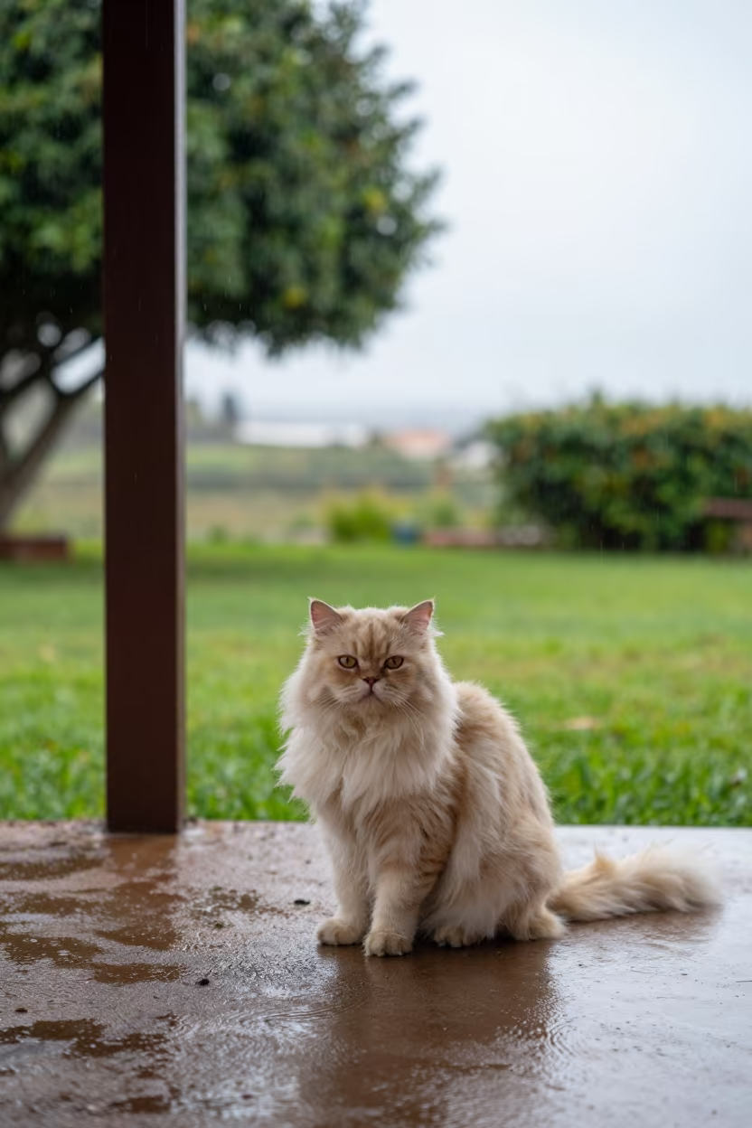 Persian Cat in Irapuato Rainy Season Drizzle in in a small yard with clipped grass, calm light, and the animal centered in frame in Irapuato