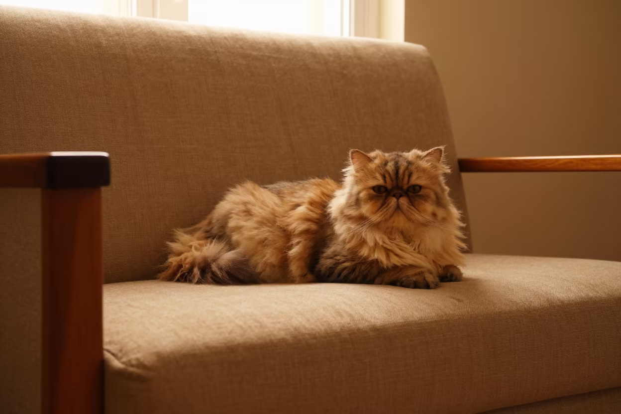 Persian Cat Lounging on Linen Sofa in Da Nang in on a linen sofa with daylight from a nearby window in Da Nang