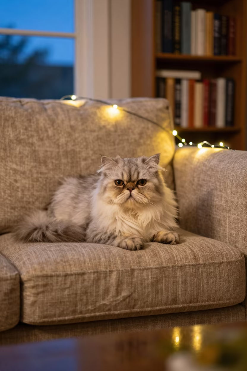 Persian Cat on Linen Sofa Evening Light in on a linen sofa with daylight from a nearby window in South Congress, Austin