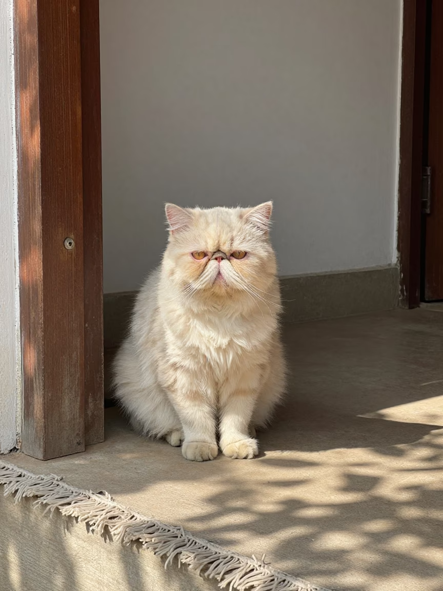 Persian Cat on Lome Porch with Worn Rug in beside a plain courtyard wall in clear daylight with the animal at eye level in Lome