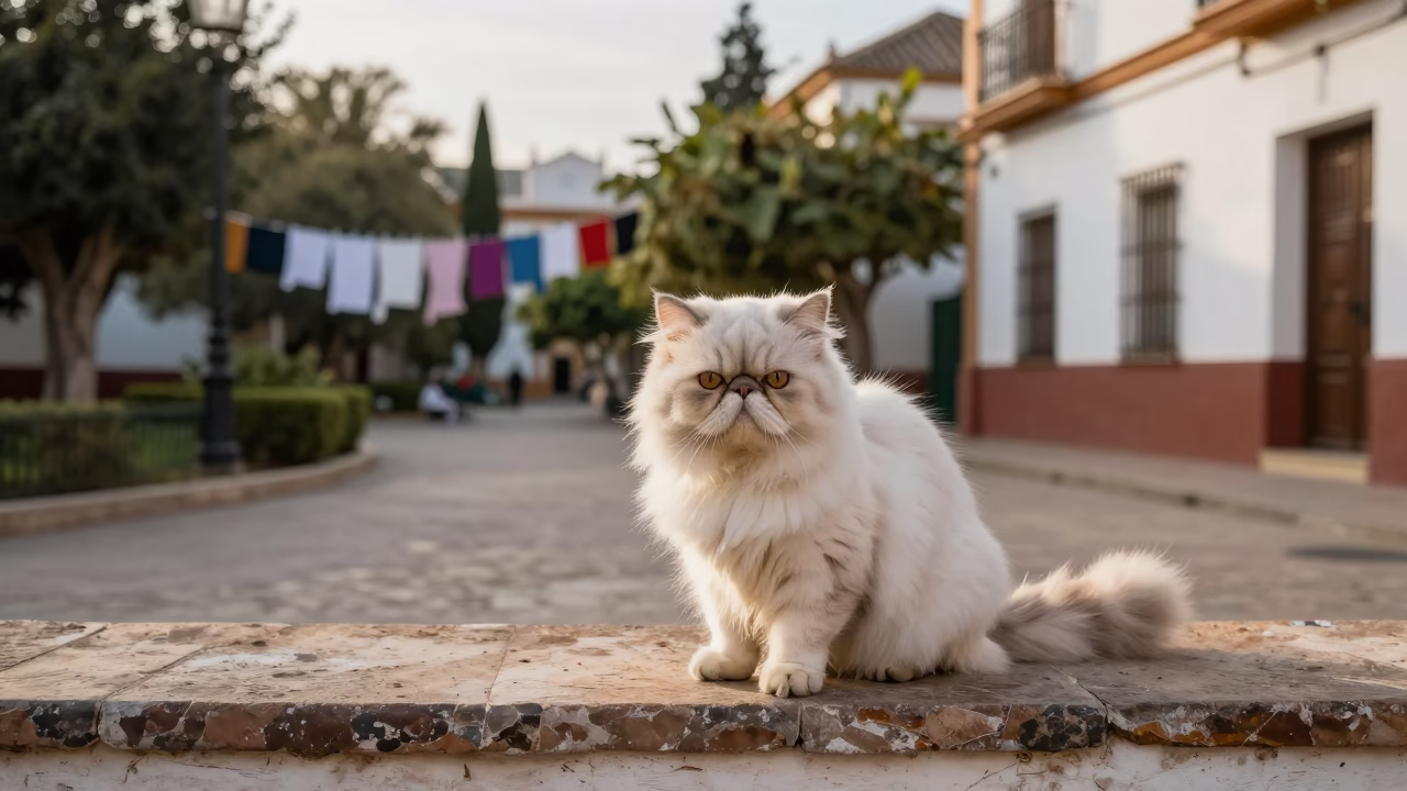 Persian Cat on Triana Porch in Seville Shade in along a quiet park path with soft open shade and a clean background in Triana, Seville