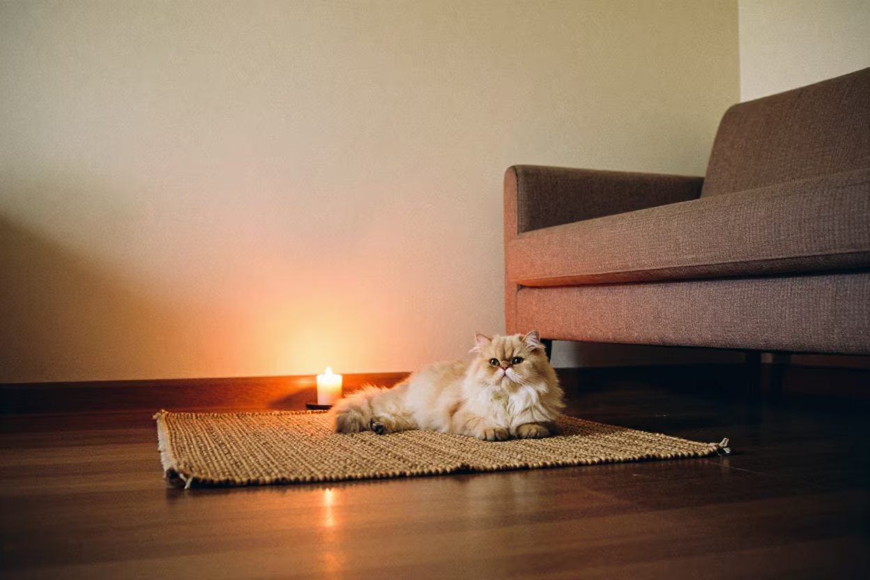 Persian Cat on Woven Rug in Kisangani Evening in on a woven rug beside a low couch and an uncluttered wall in Kisangani
