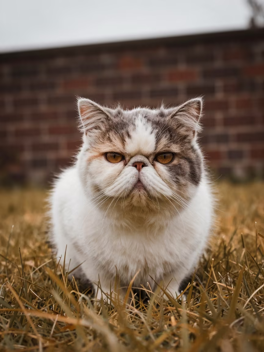 Persian Cat Portrait in Amsterdam Garden in in a small yard with clipped grass, calm light, and the animal centered in frame in Amsterdam