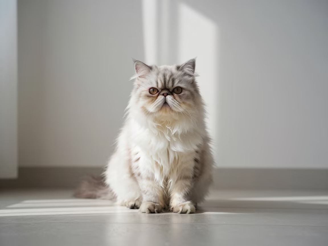 Persian Cat Portrait in Soft Indoor Light in beside a plain plaster wall in soft indoor light with the animal centered in frame in Bytom