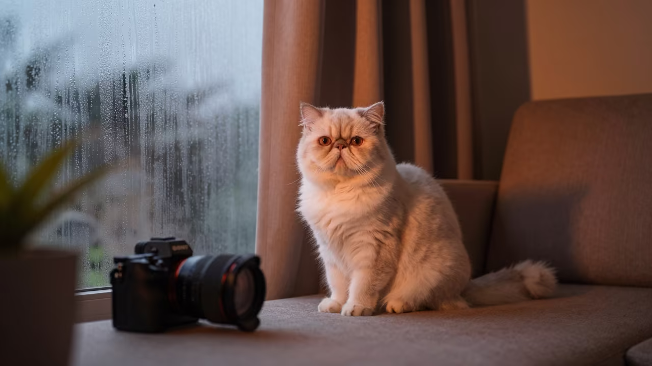 Persian Cat Portrait Near Curtained Window in on a sofa near a curtained window with calm indoor light in Manaus