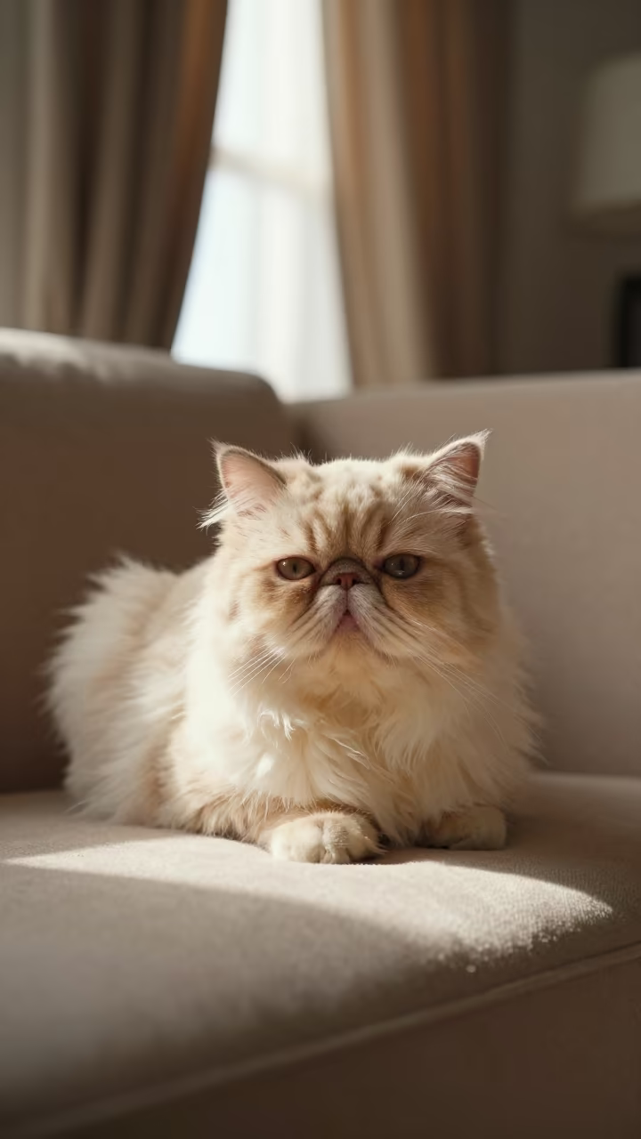 Persian Cat Portrait on Sofa Near Window in on a sofa near a curtained window with calm indoor light in El Paso