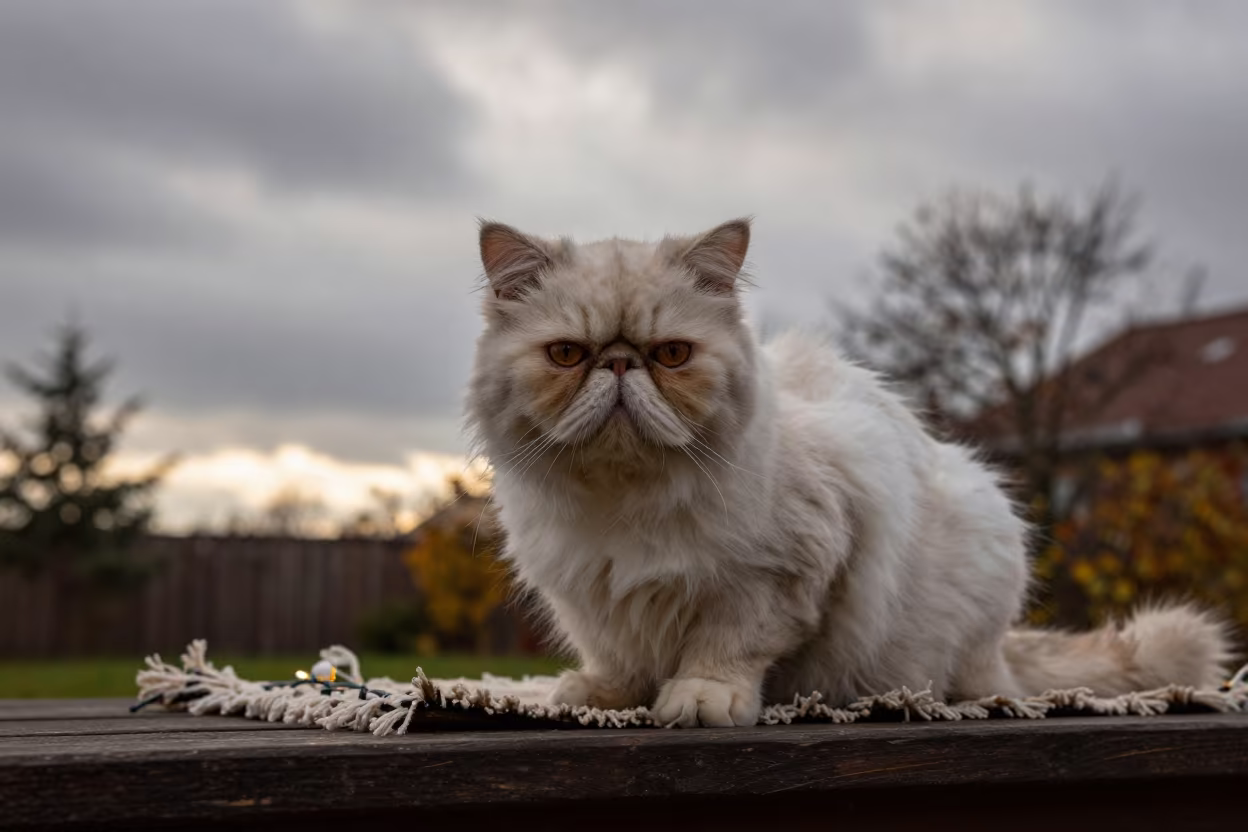 Persian Cat Silhouette on Gdynia Porch in near a garden edge with soft morning light and an uncluttered background near Gdynia