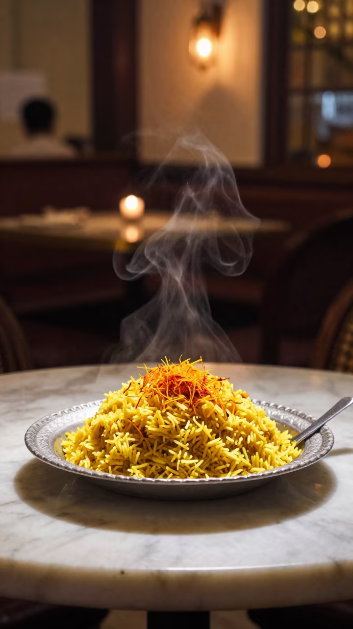 Persian Jeweled Rice Candlelit in Kuala Lumpur in on a marble cafe table in Chow Kit, Kuala Lumpur