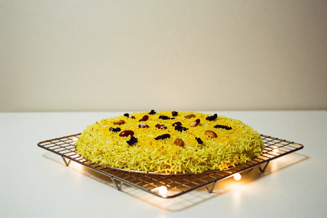 Persian Jeweled Rice Saffron Crust on Cooling Rack in on a bakery cooling rack in Stellenbosch