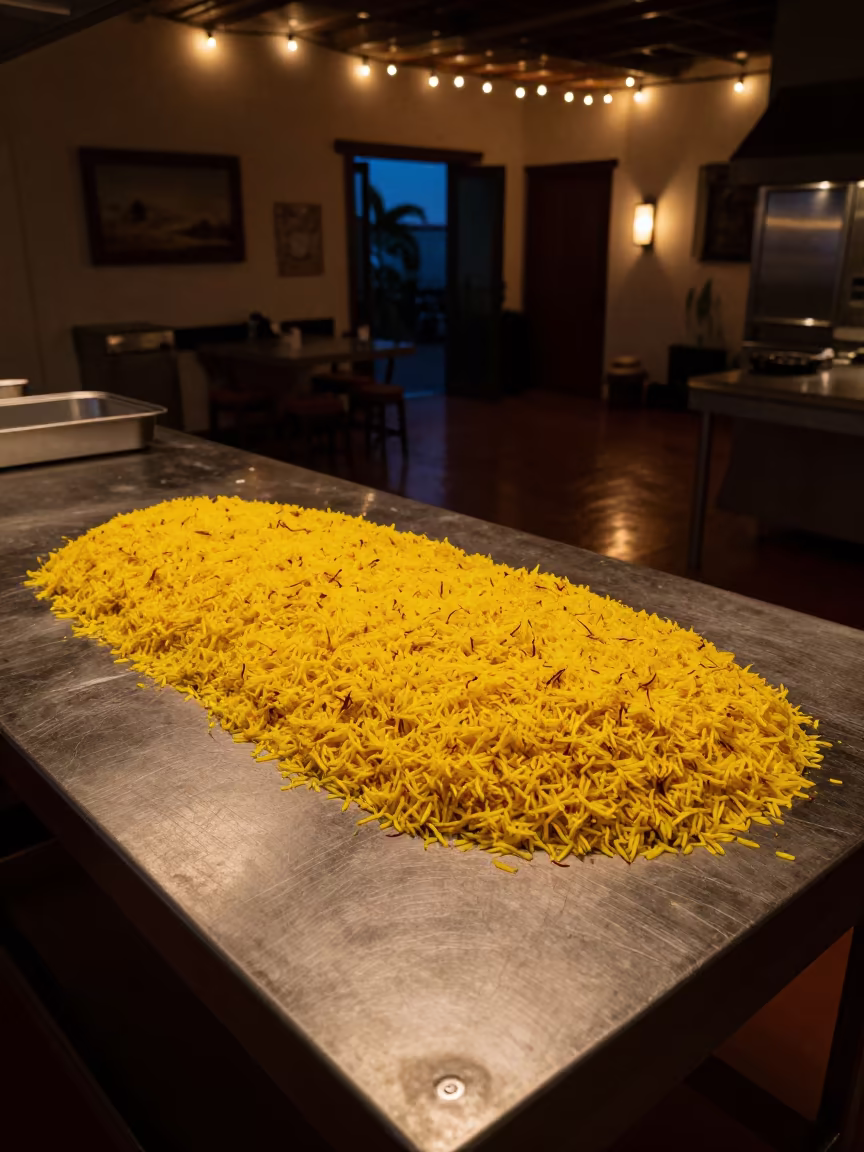 Persian Jeweled Rice Saffron Crust Kitchen in on a kitchen worktop in San Diego, Cartagena