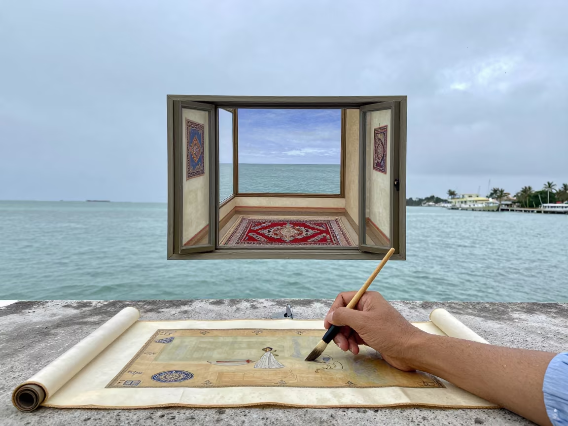 Persian Painter at Key West Harbor Rain in at a harbor edge in Key West
