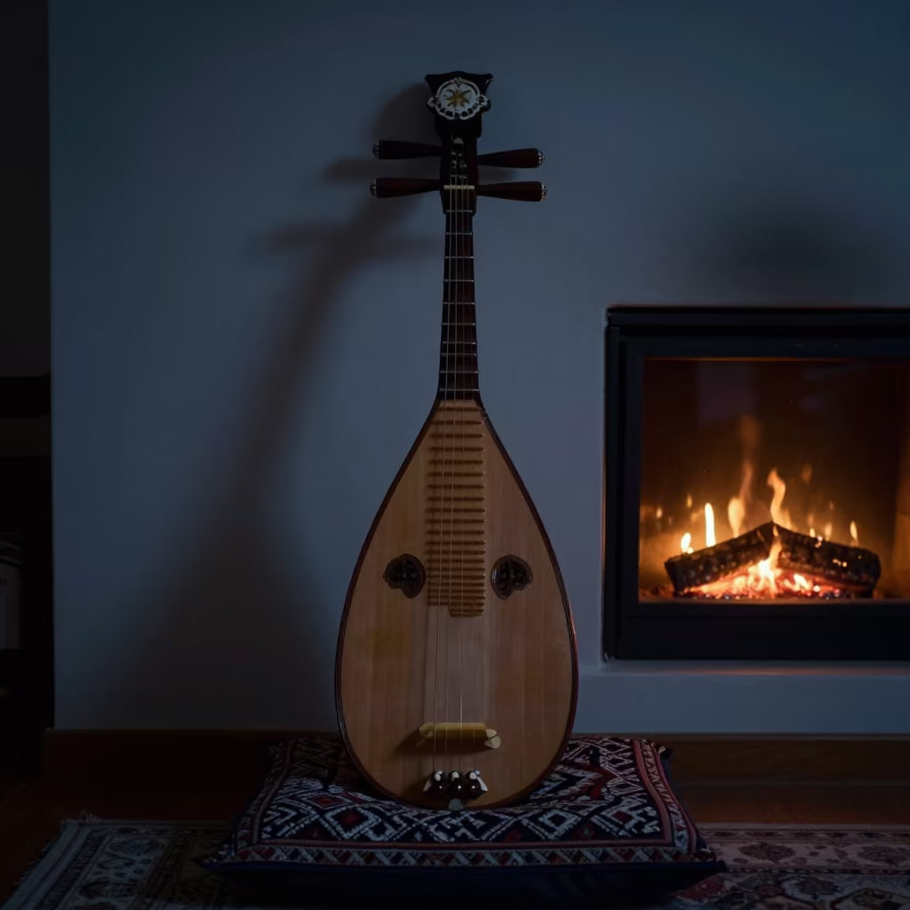 Persian Tar Lute Resting on Cushion by Fire in by a crackling fireplace in Colón