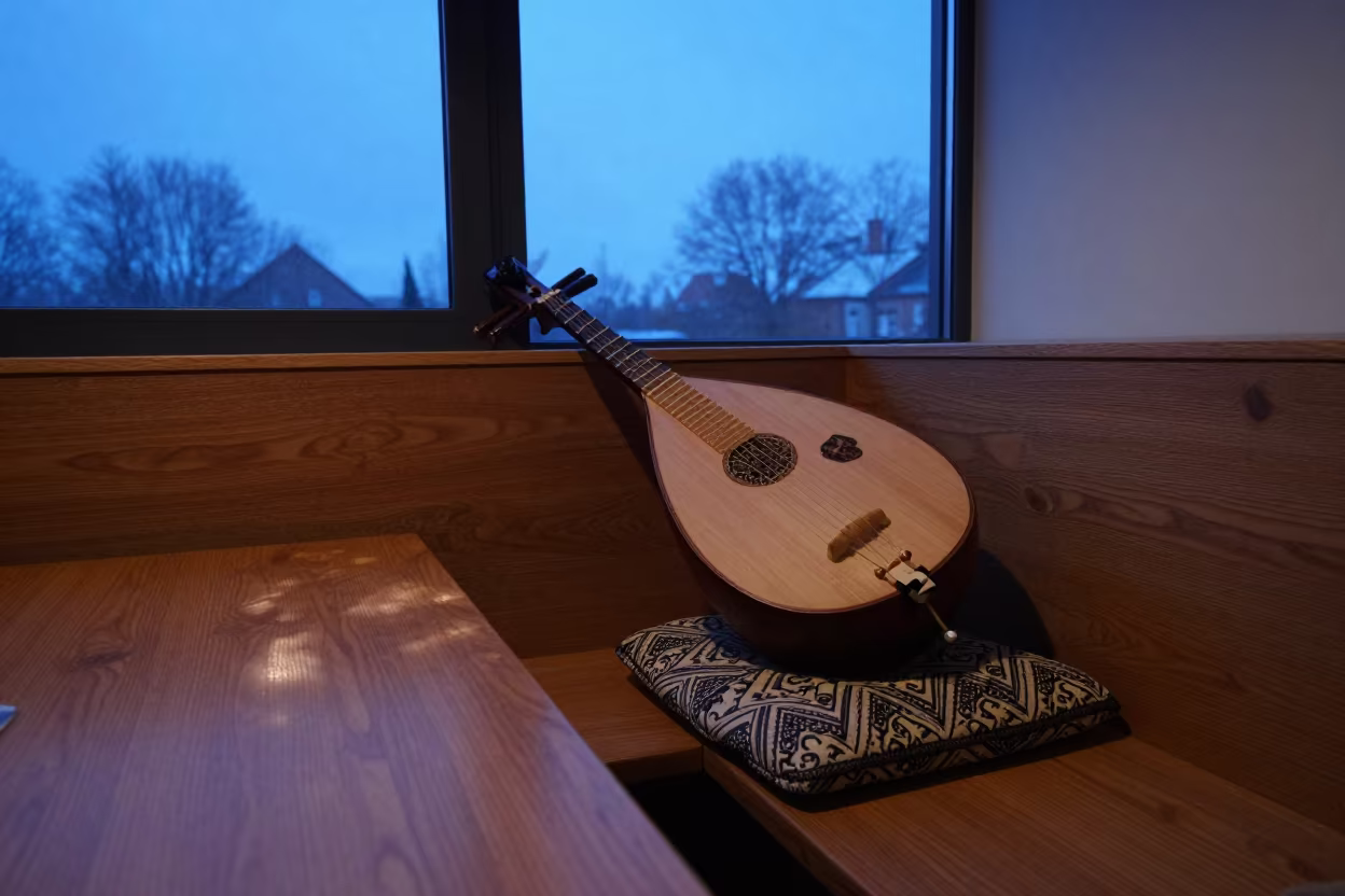 Persian Tar Lute on Cushion in Gdynia Blue Hour in in a breakfast nook in Gdynia
