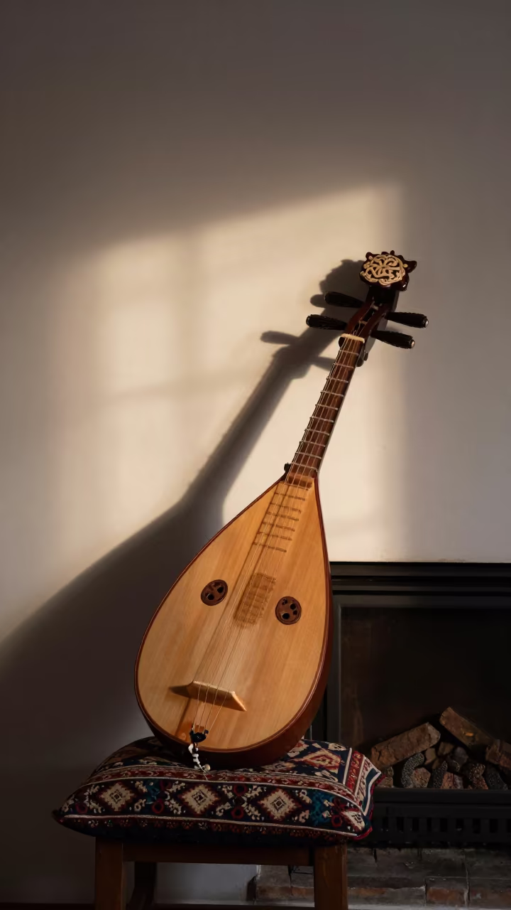 Persian Tar Lute Resting by Fireplace in by a crackling fireplace in Milwaukee