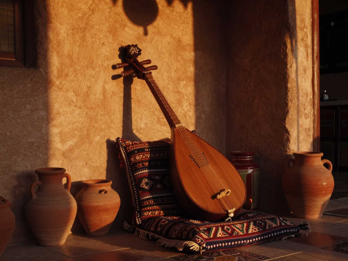 Persian Tar Lute on Kitchen Cushion at Sunset in in a cozy kitchen near Guanajuato