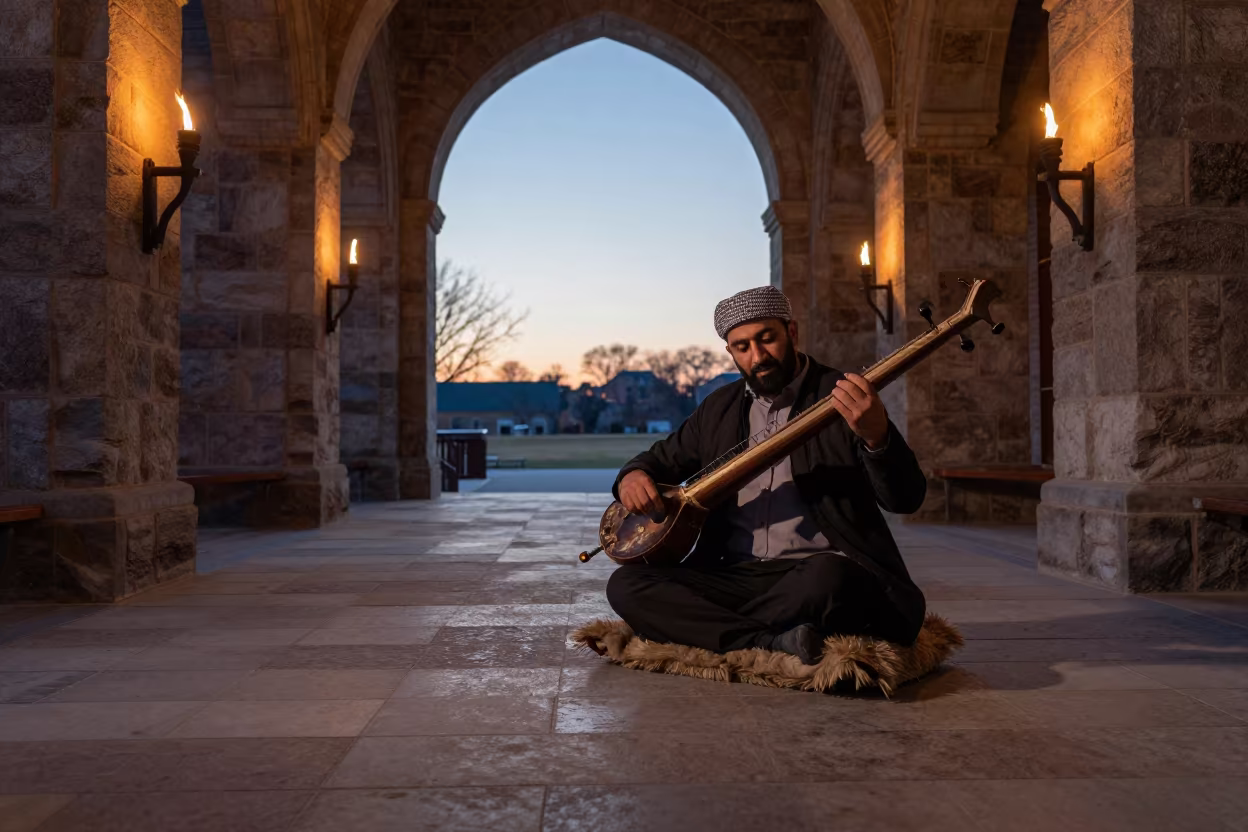 Persian Tar Player in Hartford Skylit Passageway in inside a skylit passageway in Hartford