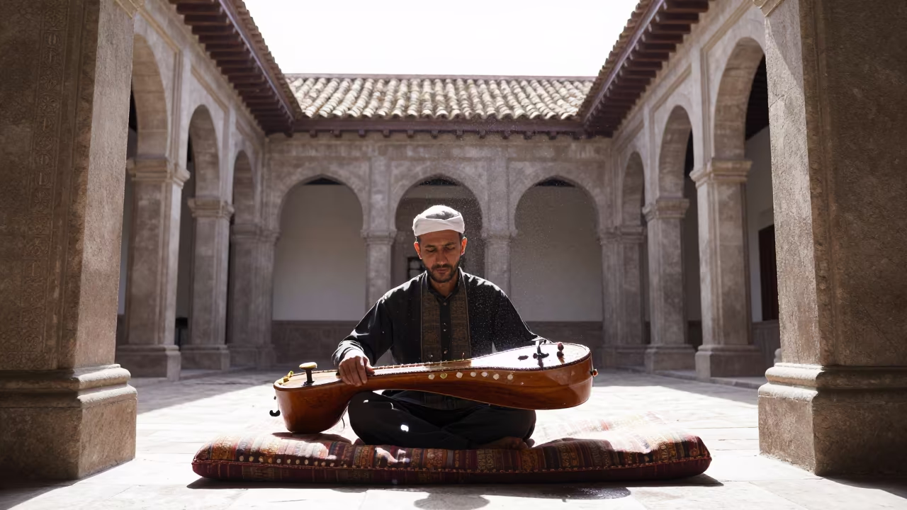 Persian Tar Player in Quito Courtyard in inside a skylit passageway near Quito