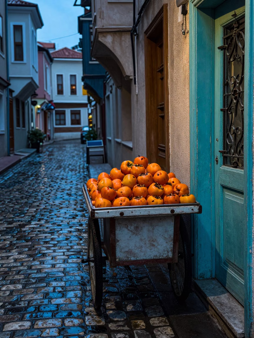 Persimmon at Blue Hour in Istanbul in in Istanbul, Turkey