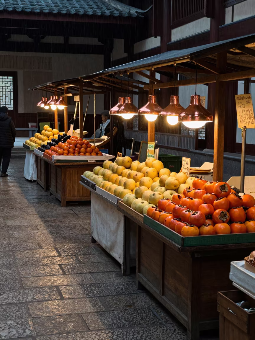 Persimmons and Asian Pears in Seiyun Night Market in in a prayer hall in Seiyun
