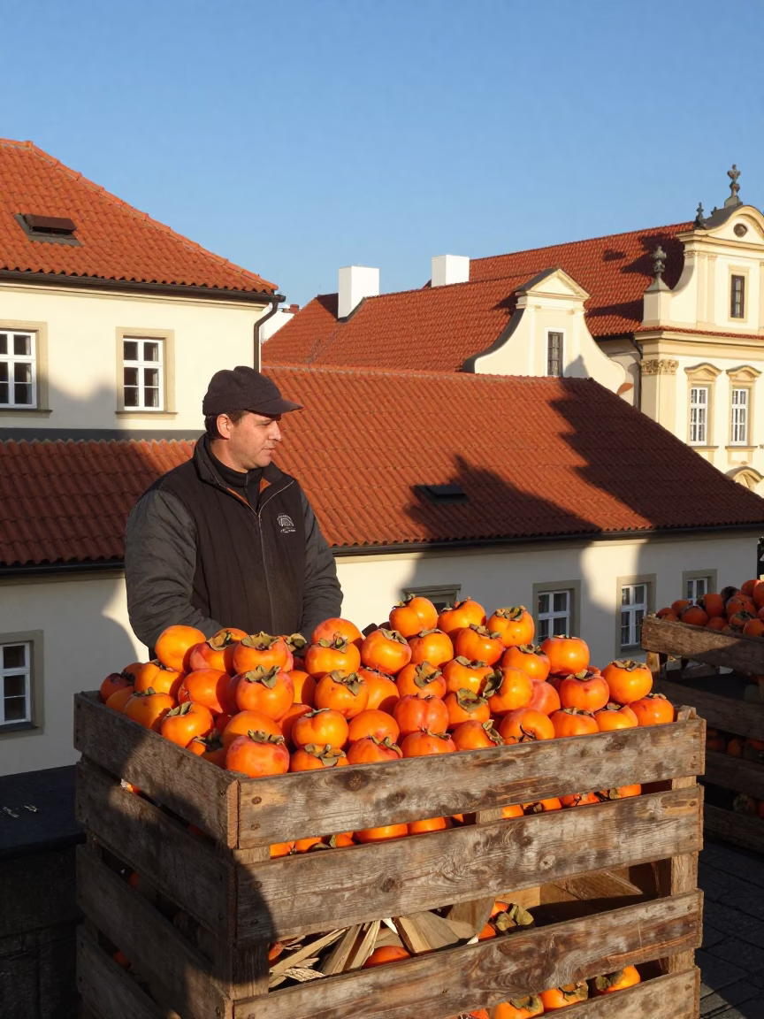 Persimmons displayed on wooden crate in Prague Old Town square late afternoon in in Prague, Czech Republic