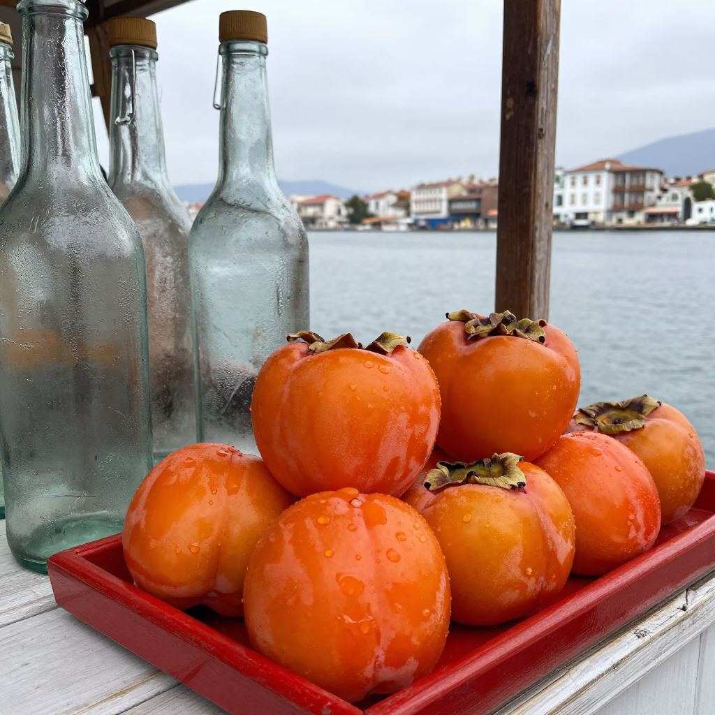 Persimmons in Izmir at Midday Light in in Izmir, Turkey