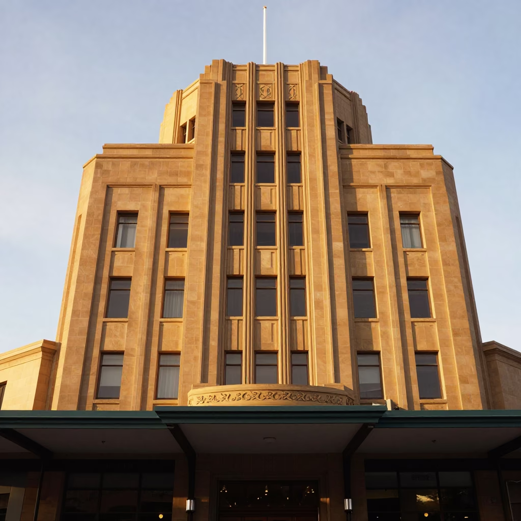 Perth Art Deco Hotel Facade And Urban Morning Light just after sunrise in in Perth, Western Australia, Australia