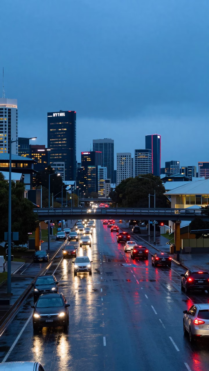 Perth Blue Hour Cityscape with Rain-Slicked Overpass Taillights and Distant Skyline in in Perth, Western Australia, Australia