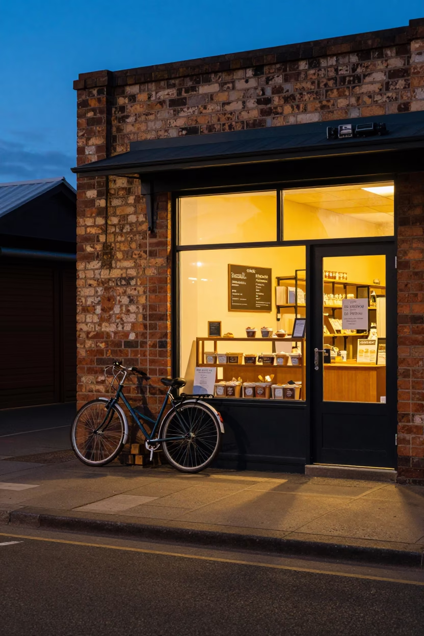 Perth Blue Hour Street Scene with Bicycle and Bakery at Dusk in in Perth, Western Australia, Australia