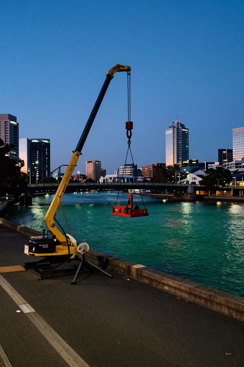 Perth Blue Hour Street Scene with Bridge Maintenance Cradle and River Reflections in in Perth, Western Australia, Australia