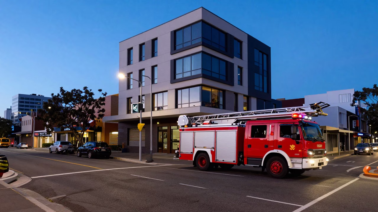 Perth Blue Hour Street Scene with Fire Engine and Urban Architecture in in Perth, Western Australia, Australia