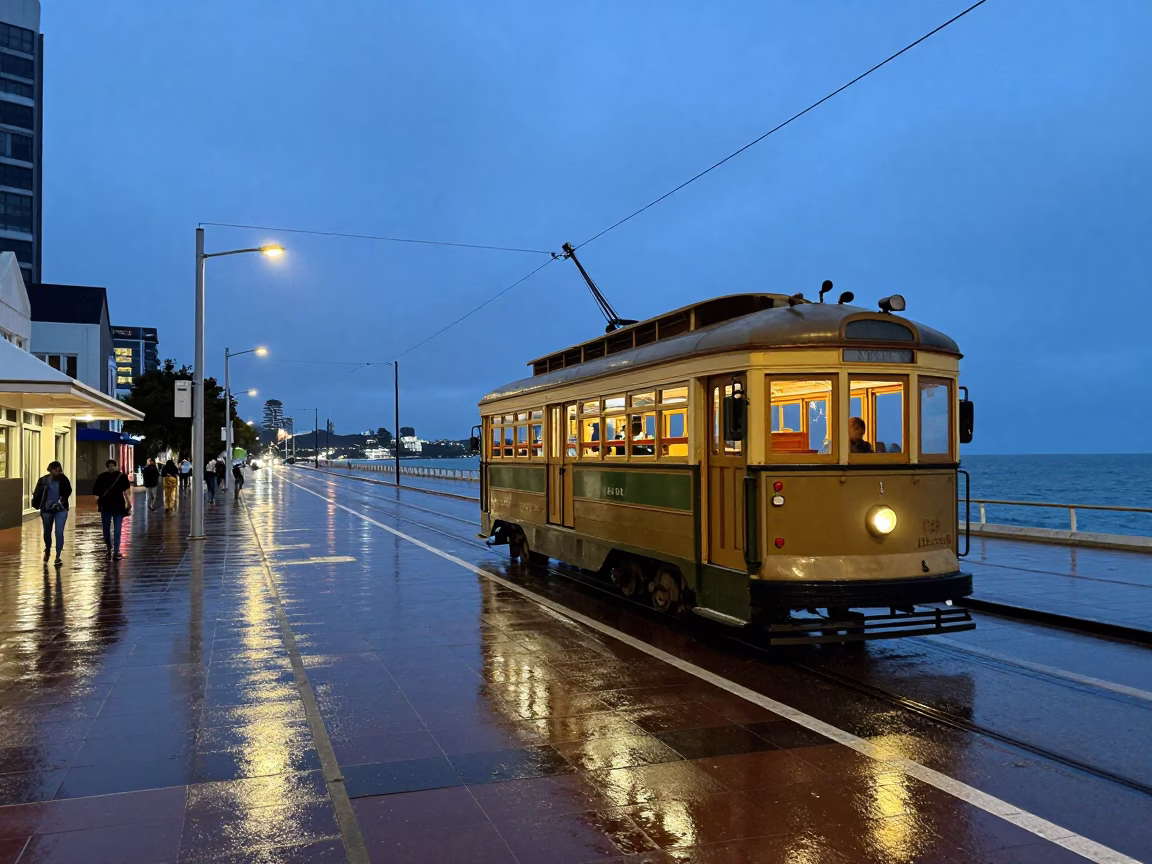Perth Blue Hour Street Scene with Heritage Tram and Rain-Swept Promenade in in Perth, Western Australia, Australia