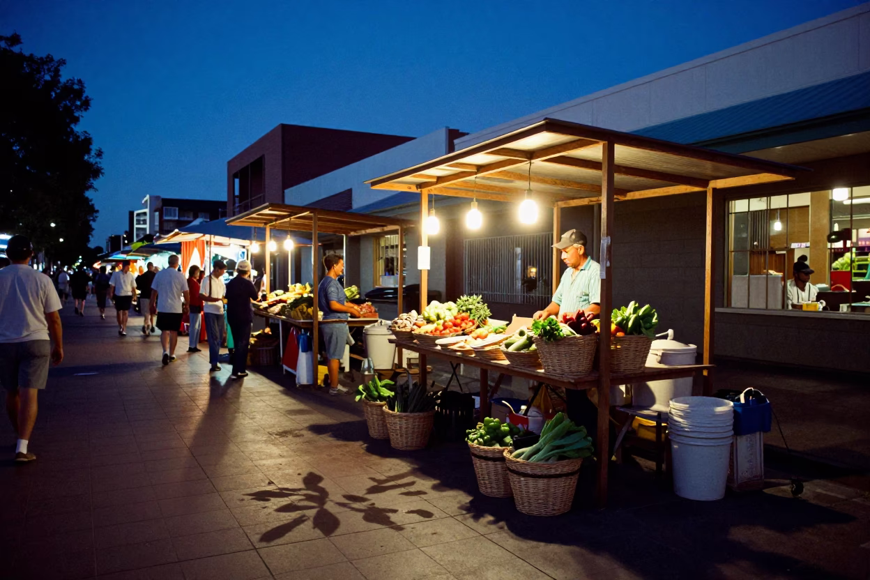 Perth Blue Hour Street Scene with Leaf Shadows on Tile Grout and Woven Baskets in in Perth, Western Australia, Australia