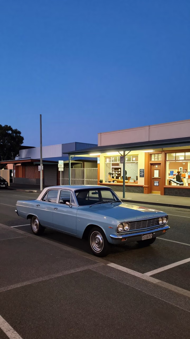 Perth Blue Hour Street Scene with Vintage Car and Local Shop Display in in Perth, Western Australia, Australia