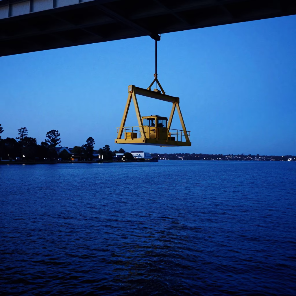 Perth Bridge Maintenance Cradle And River Traffic in in Perth, Western Australia, Australia