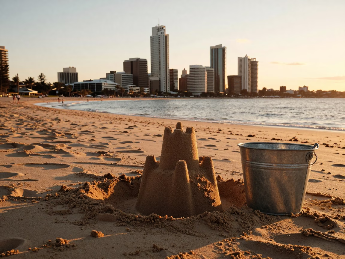 Perth City Beach Sunset with Metal Bucket and Sandcastle Construction in in Perth, Western Australia, Australia