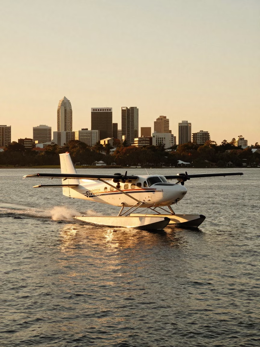 Perth City Garden Island Seaplane Landing in Honeyed Evening Light in in Perth, Western Australia, Australia
