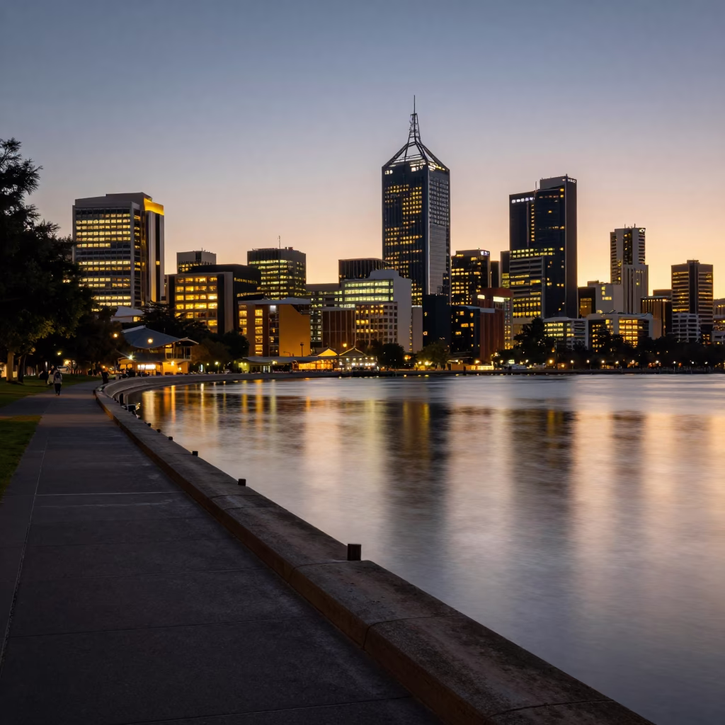 Perth City Lights and Avon River Promenade at Dusk with Local Diners in in Perth, Western Australia, Australia