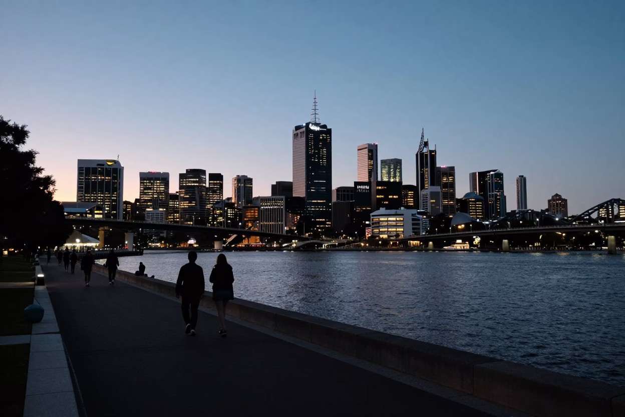 Perth City Lights and Riverside Promenade Evening Scene in Western Australia in in Perth, Western Australia, Australia