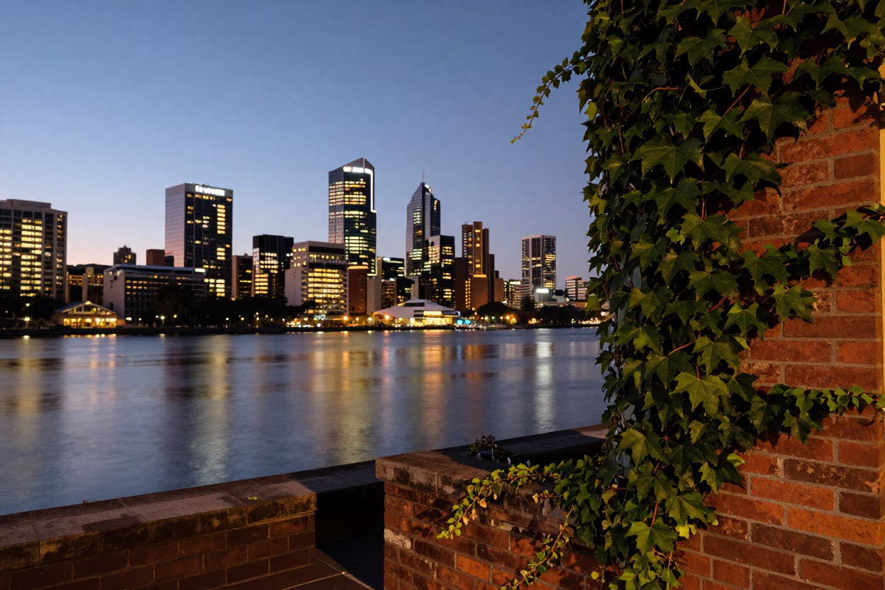 Perth City Lights at Dusk with Ivy Vines and Window Boxes in in Perth, Western Australia, Australia