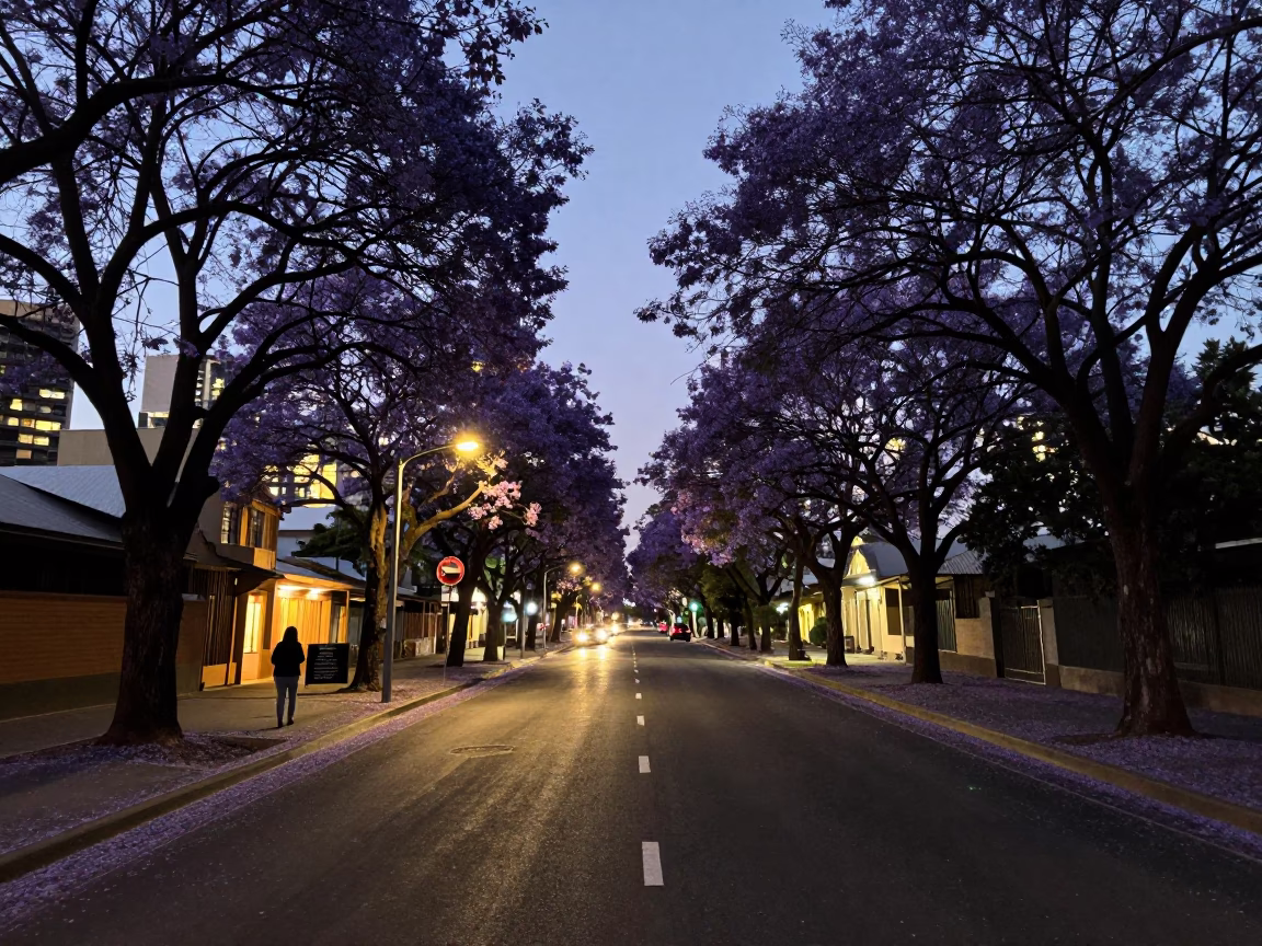 Perth City Lights Glow at Dusk Along Jacaranda-Lined Boulevard Near University Campus in in Perth, Western Australia, Australia