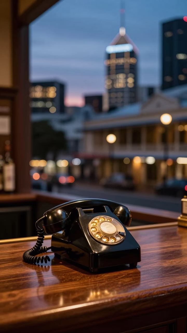 Perth City Lights Glow at Twilight with Vintage Bakelite Telephone and Hammered Metal Details in in Perth, Western Australia, Australia