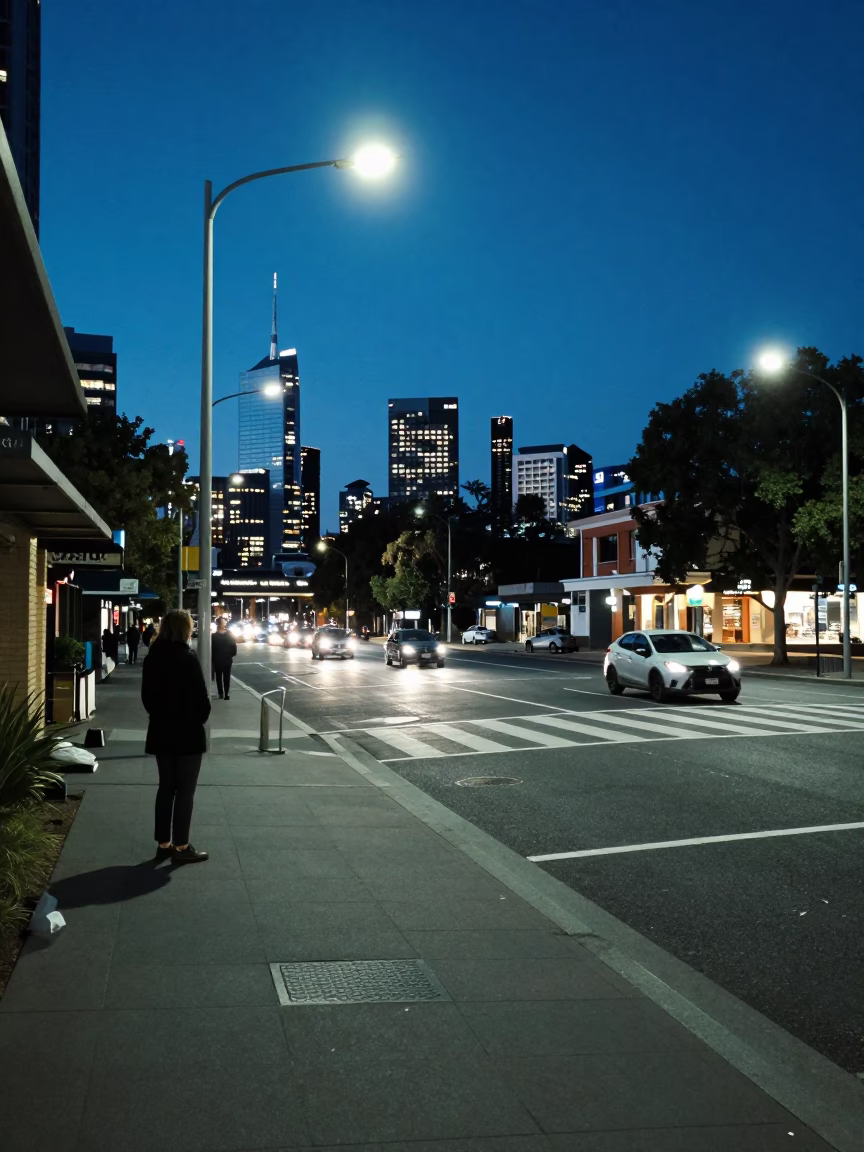 Perth City Lights Glow Over Swan River Street Scene with Chestnut Tree Husks in in Perth, Western Australia, Australia
