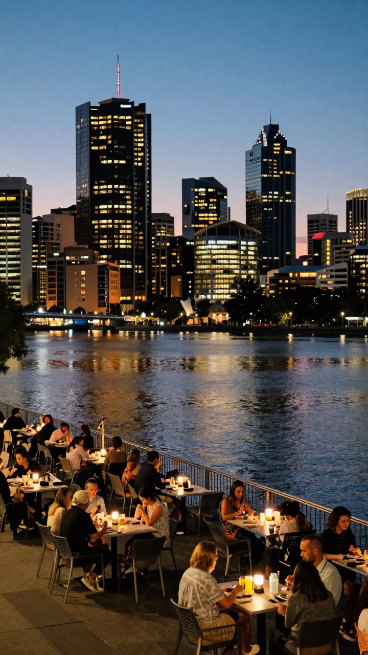 Perth City Lights Glow Over Swan River Waterfront Dining Scene at Dusk in in Perth, Western Australia, Australia