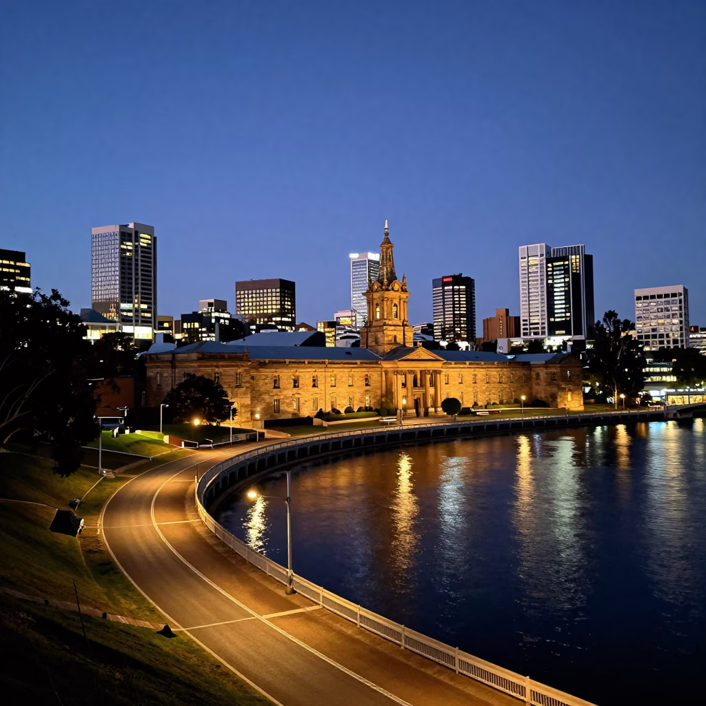 Perth City Lights Glowing Over Swan River and Historic Barracks at Dusk in in Perth, Western Australia, Australia