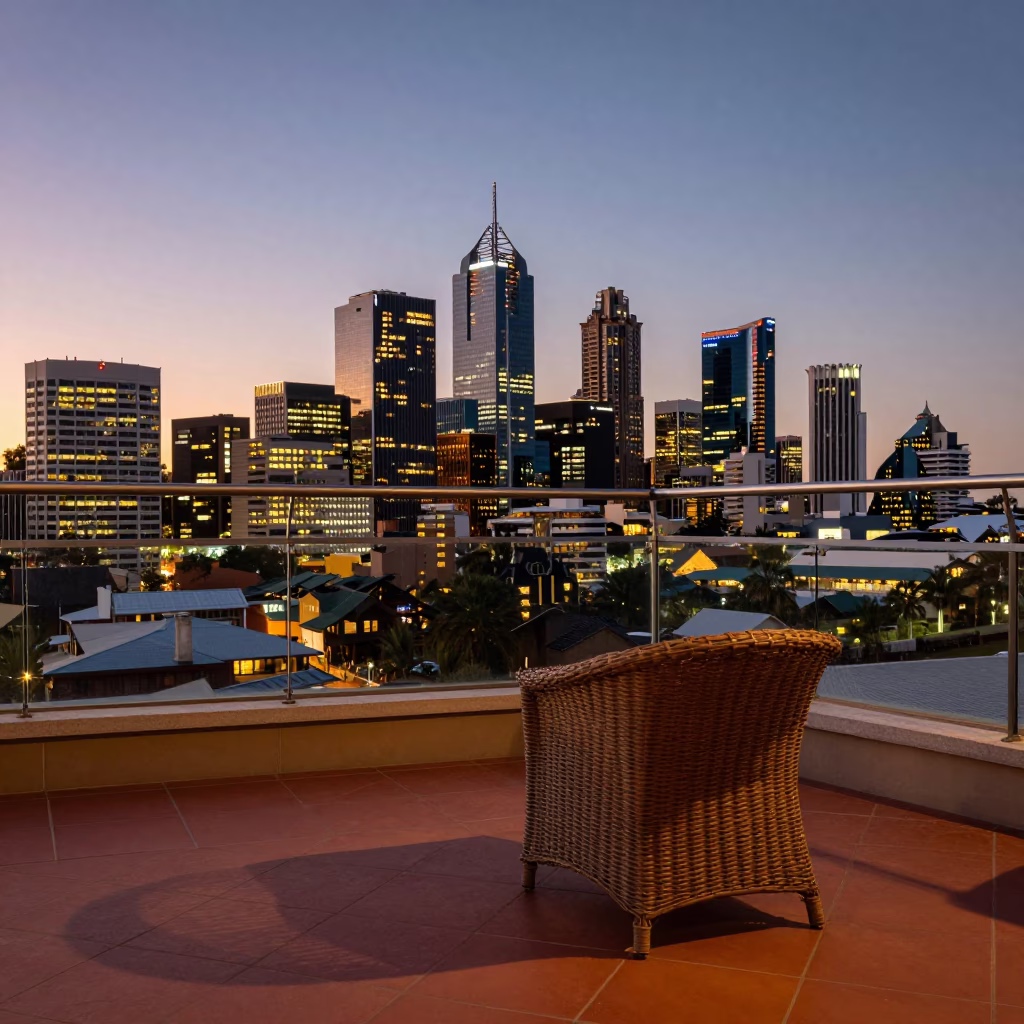 Perth City Skyline at Dusk with Wicker Shadow on Balcony Tiles in in Perth, Western Australia, Australia