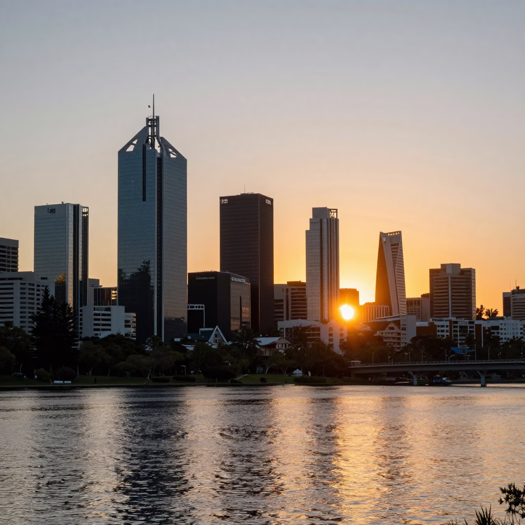 Perth City Skyline at Sunset with Swan River and Kings Park Greenery in in Perth, Western Australia, Australia
