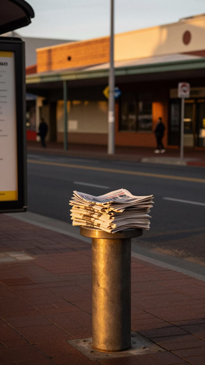 Perth City Street Corner Evening Scene with Newspaper Stack and Local Commerce in in Perth, Western Australia, Australia